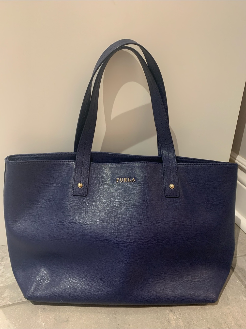 Furla Deep Blue Leather Tote with Gold Logo